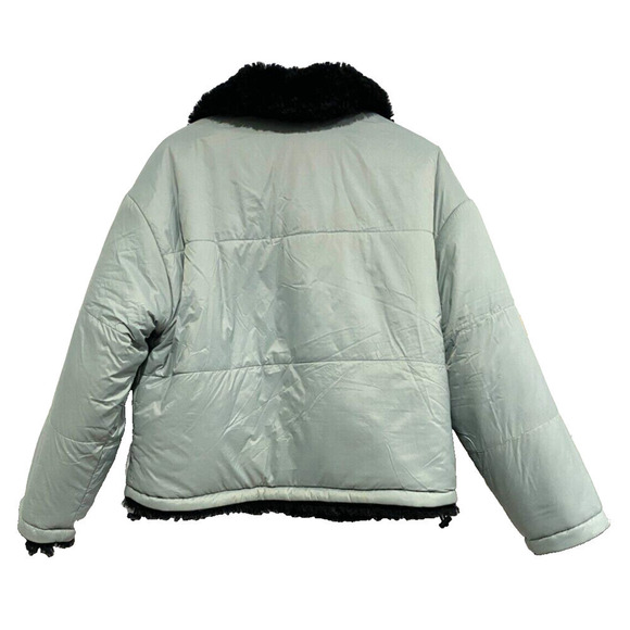 Topshop - reversible light blue puffer, Faux black fur women winter coat size 6 - Picture 2 of 6